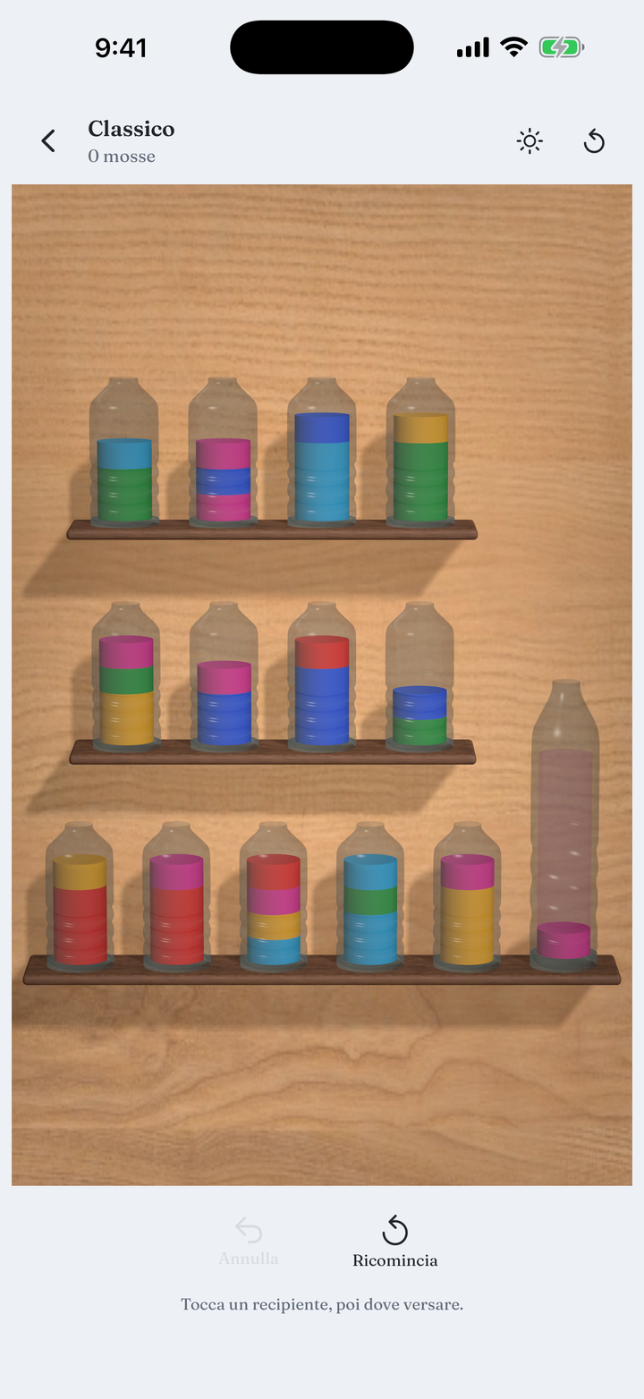 A board of glass vessels filled with layered colour