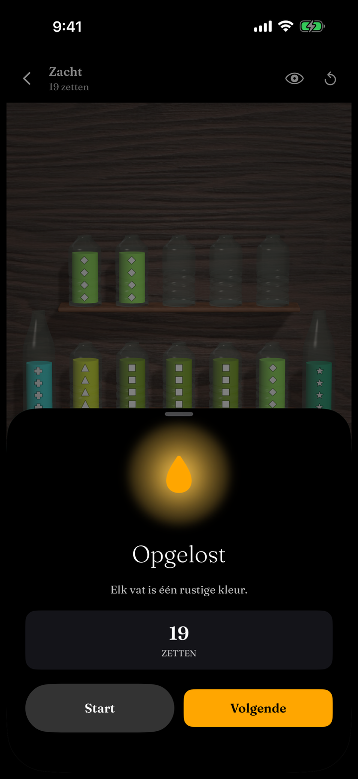 A solved board with the win sheet, every vessel one colour